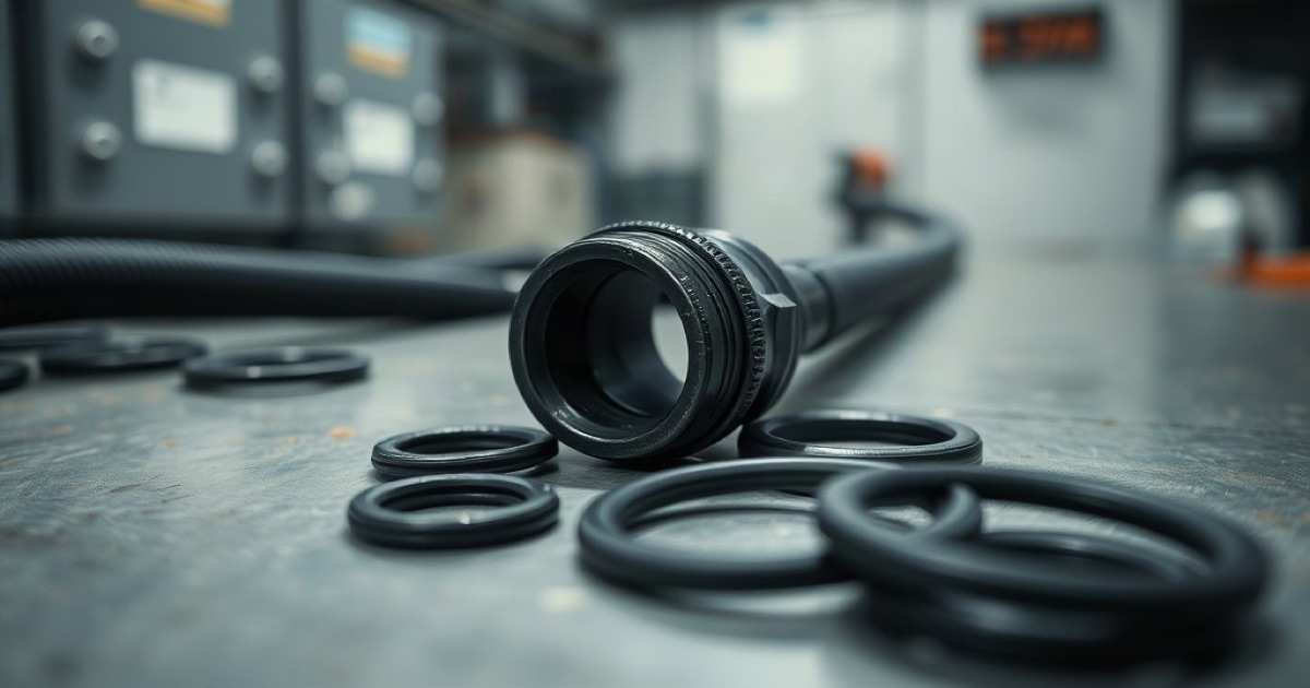 Zbliżenie na złączkę hydrauliczną i leżące wokół niej gumowe o-ringi