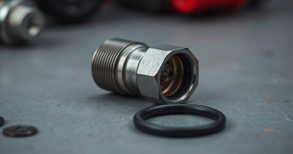 Zbliżenie na gwintowaną złączkę hydrauliczną i leżący obok o-ring