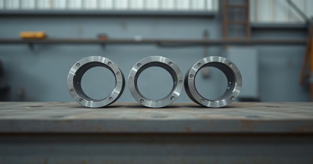 Close-up of three nearly identical flanged bearing housings standing side by side on a workbench