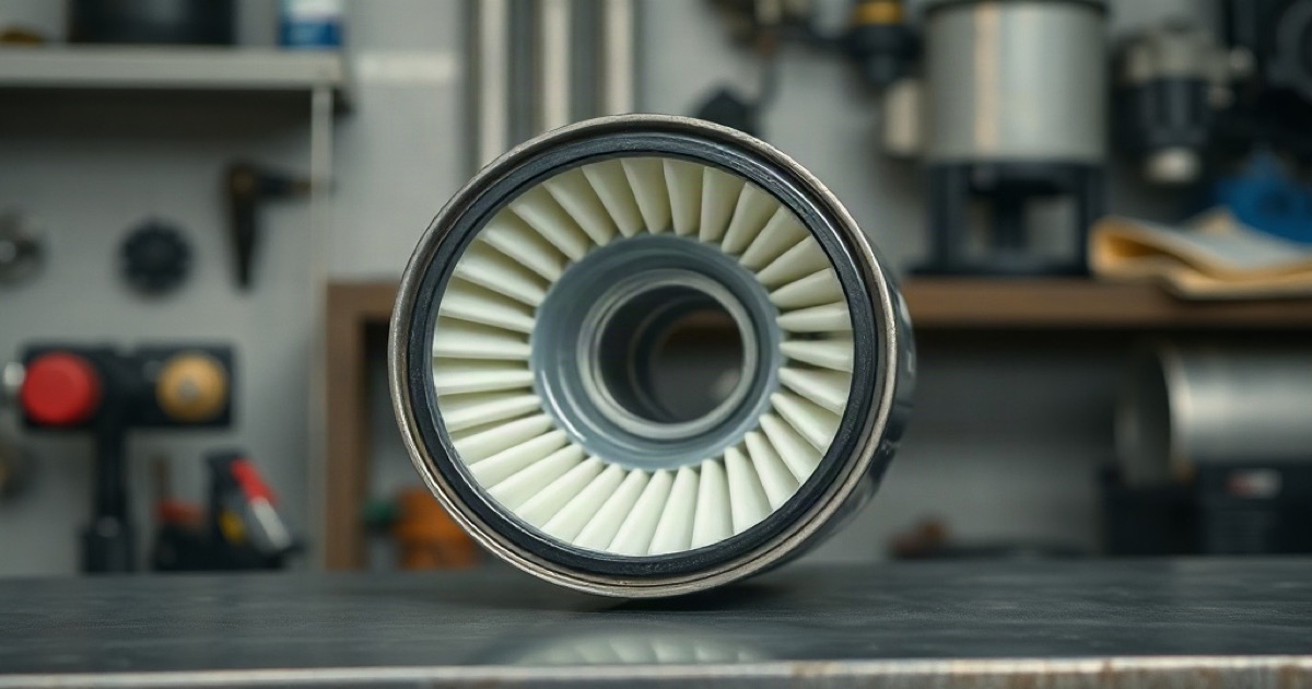 Close-up of a cutaway oil filter cartridge showing the pleated filter media inside