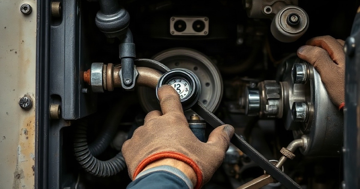 Mechanik przy otwartej pokrywie silnika koparki gąsienicowej wymienia filtr, obok skrzynka z narzędziami